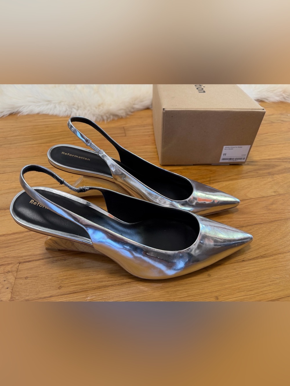 Reformation Iridescent Silver Pointed Slingback Pumps